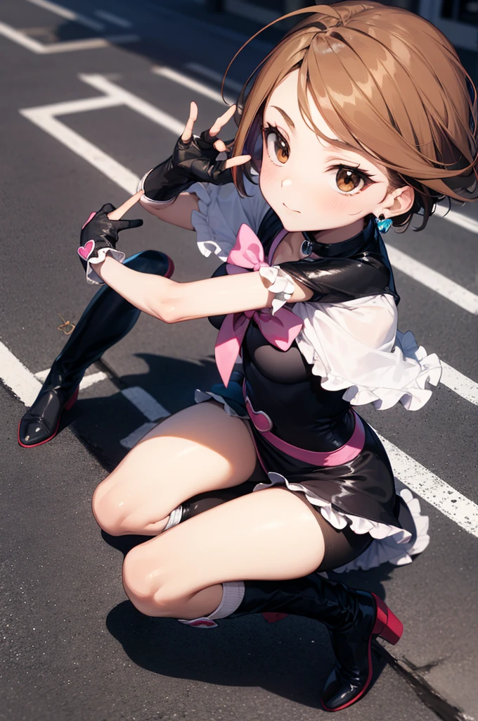 cureblack, cure black, ahoge, (brown eyes:1.5), brown hair, eyelashes, short hair, (swept bangs:1.5),
BREAK arm warmers, bike shorts, bike shorts under skirt, black footwear, black gloves, boots, bow, brooch, earrings, fingerless gloves, frilled legwear, frilled skirt, frilled sleeves, frills, gloves, heart, heart brooch, high heels, jewelry, knee boots, magical girl, ribbon, short sleeves, shorts, shorts under skirt, skirt,
BREAK looking at viewer, full body,
BREAK outdoors,
BREAK (masterpiece:1.2), best quality, high resolution, unity 8k wallpaper, (illustration:0.8), (beautiful detailed eyes:1.6), extremely detailed face, perfect lighting, extremely detailed CG, (perfect hands, perfect anatomy),