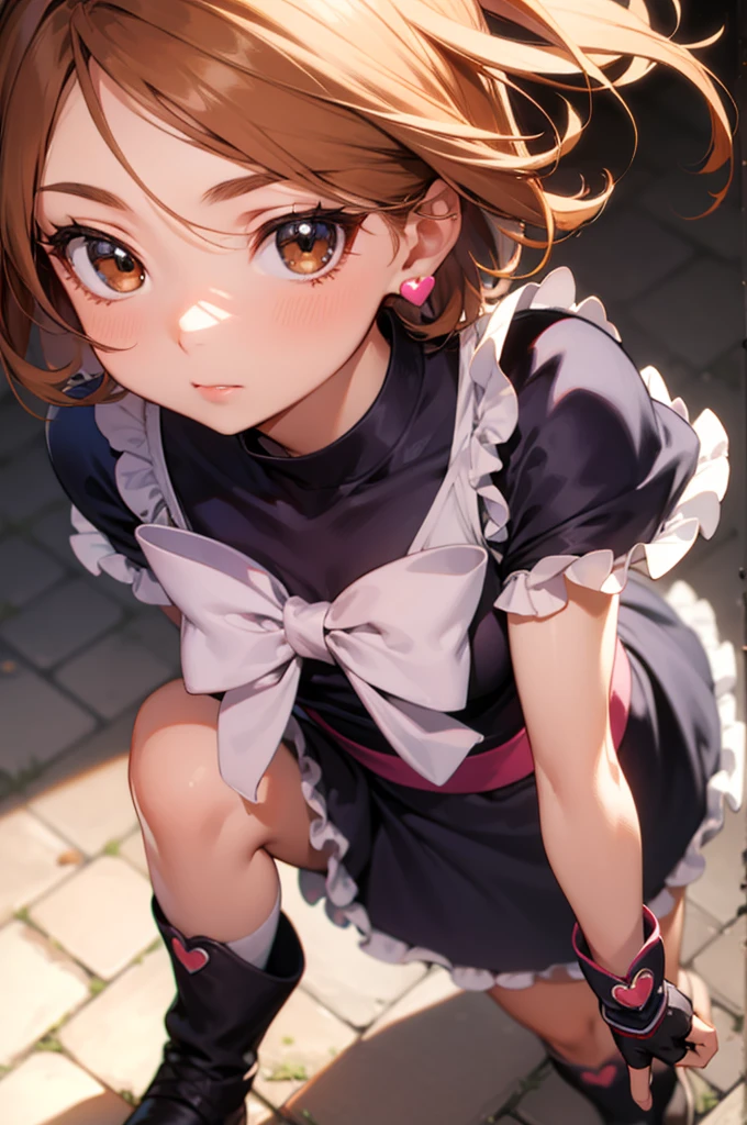 cureblack, cure black, ahoge, (brown eyes:1.5), brown hair, eyelashes, short hair, (swept bangs:1.5),
BREAK arm warmers, bike shorts, bike shorts under skirt, black footwear, black gloves, boots, bow, brooch, earrings, fingerless gloves, frilled legwear, frilled skirt, frilled sleeves, frills, gloves, heart, heart brooch, high heels, jewelry, knee boots, magical girl, ribbon, short sleeves, shorts, shorts under skirt, skirt,
BREAK looking at viewer, full body,
BREAK outdoors,
BREAK (masterpiece:1.2), best quality, high resolution, unity 8k wallpaper, (illustration:0.8), (beautiful detailed eyes:1.6), extremely detailed face, perfect lighting, extremely detailed CG, (perfect hands, perfect anatomy),