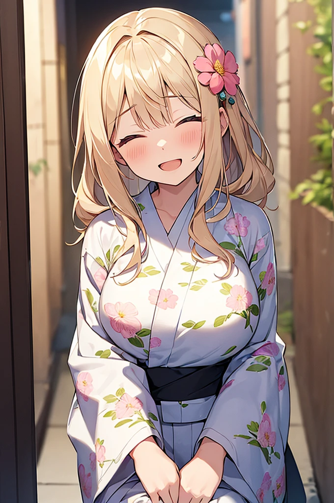 (Masterpiece, Top quality:1.5), (from front:1.2), 1 beautiful girl, solo, squatting down, Blonde, medium Hair, wavy Hair, asymmetry bangs, swept bangs, airy hair, large breasts:1.4, , (flower printed yukata :1.3), smile:1.3, blush, beautiful scene of narrow Alley, blurry background, magnificent panorama view, blurry background, open mouth, closed eyes