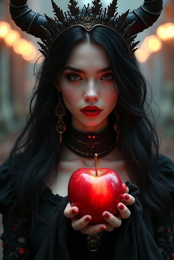 ((RAW Photo), absurd, (absurdresolution)), masterpiece, best quality, (Extremely detailed 8k unity CG wallpaper), (best illustration), (best shadow), Realistic lighting, beautiful detailed glow, ((21 years old)), girl, long black hair, black queen, accessories, apple in hand, poisoned apples, witch queen, red lipstick, (((Photographic Perspective of her)))