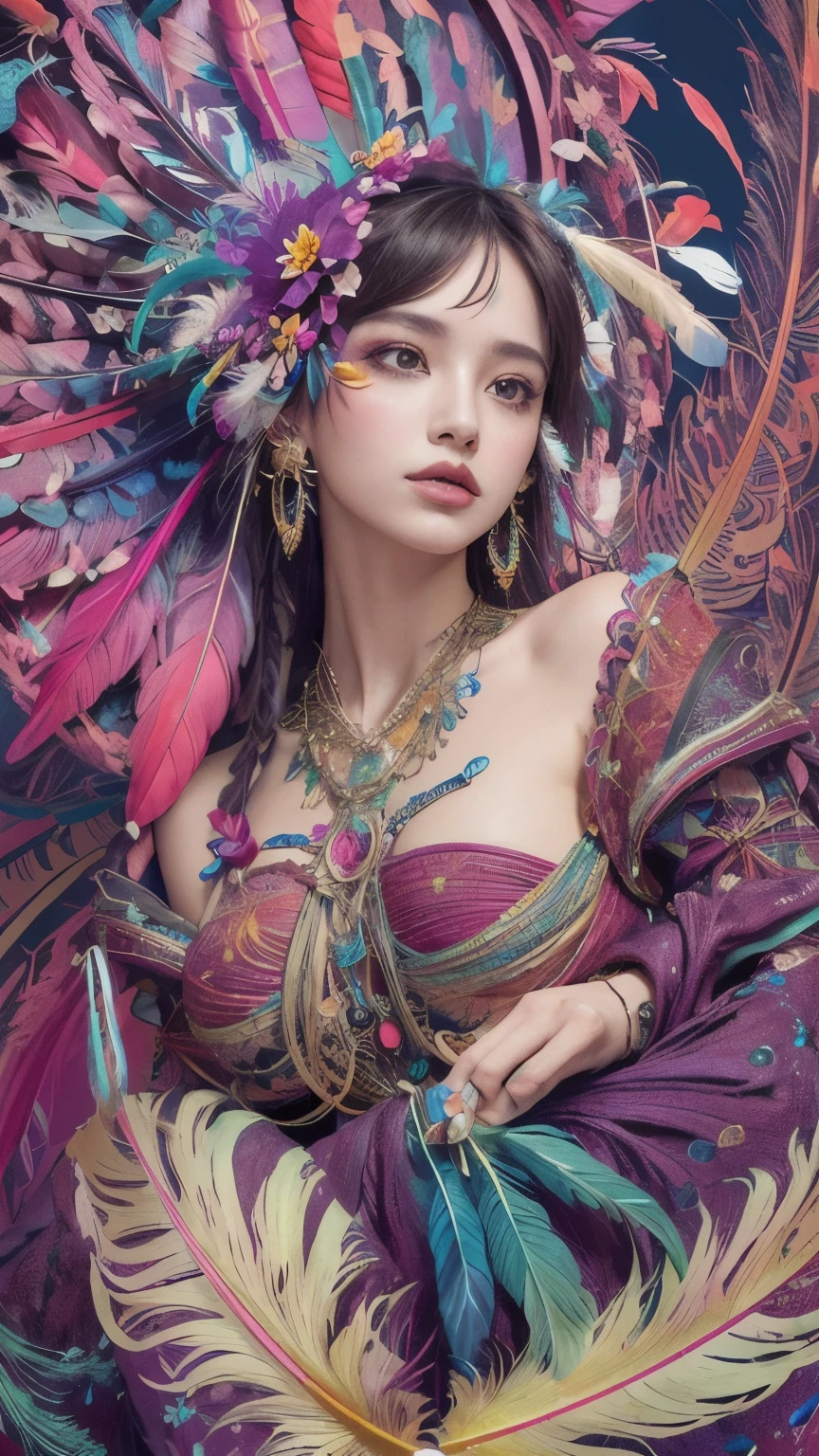 269 (20-year-old woman), (masterpiece, Highest quality, aesthetic:1.2), Very detailed, (Fractal Art:1.1), (colorful:1.1)(flower:1.3), (Tangled:1.2), whole body, (Abstract background:1.3), (Glowing Skin), (Many colors:1.4), (Earrings), (feather:1.46)