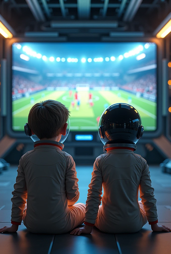 Two astronaut children watching football on television