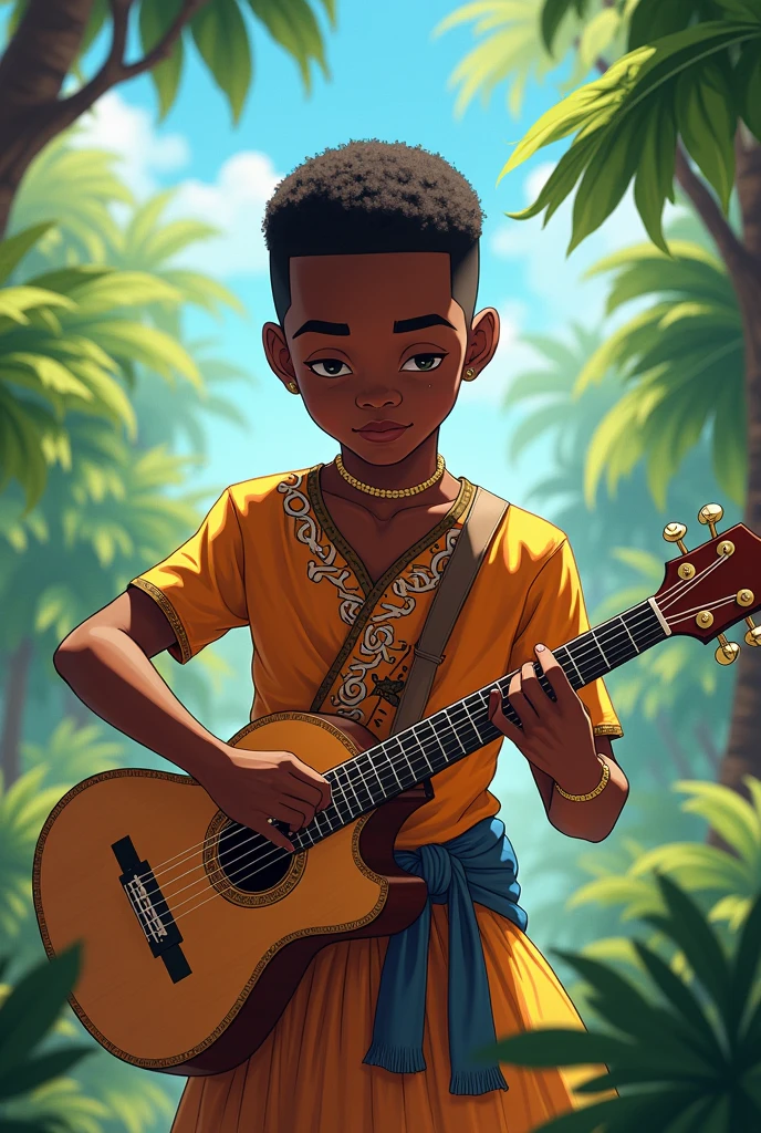 14 year old black boy with short hair, playing the anime style berimbau,with abadá