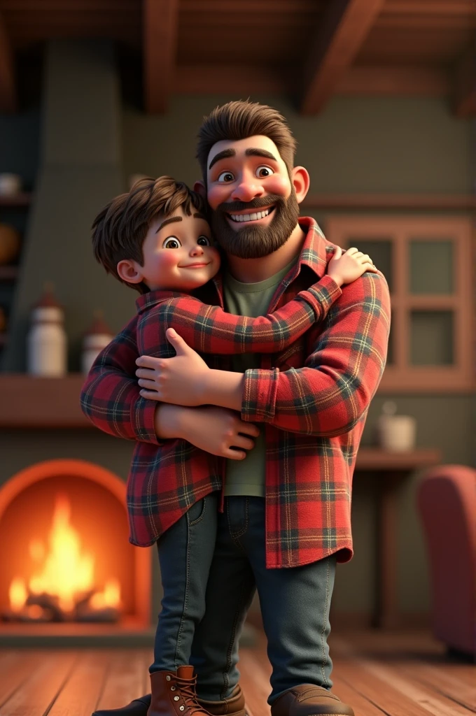 3D image of father and son in plaid shirt