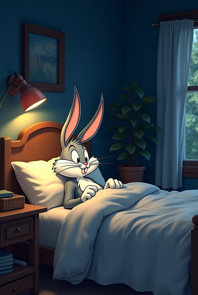 Bugs bunny lying in bed at night