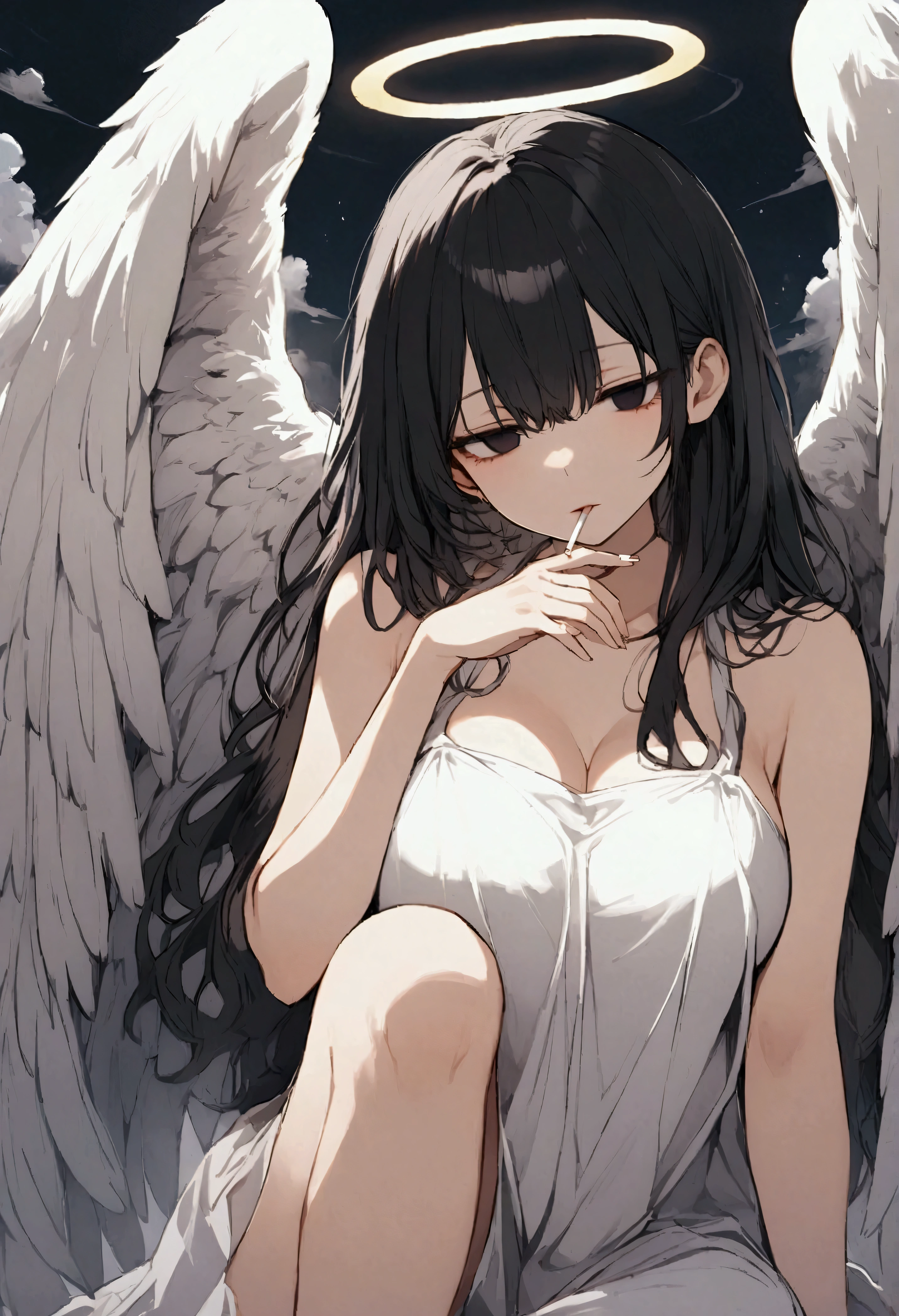1 girl,long black hair,big breasts,angel,angel wings,halo,white tunic,languid,sluggish,empty eyes,bored,lonely,sigh,half-closed eyes,sharp eyes,open eyes,air is heavy,sitting,Right knee up,Right elbow on right knee,holds a cigarette in her right hand,exhaling cigarette smoke from his mouth,heaven,floor is made of fluffy clouds
