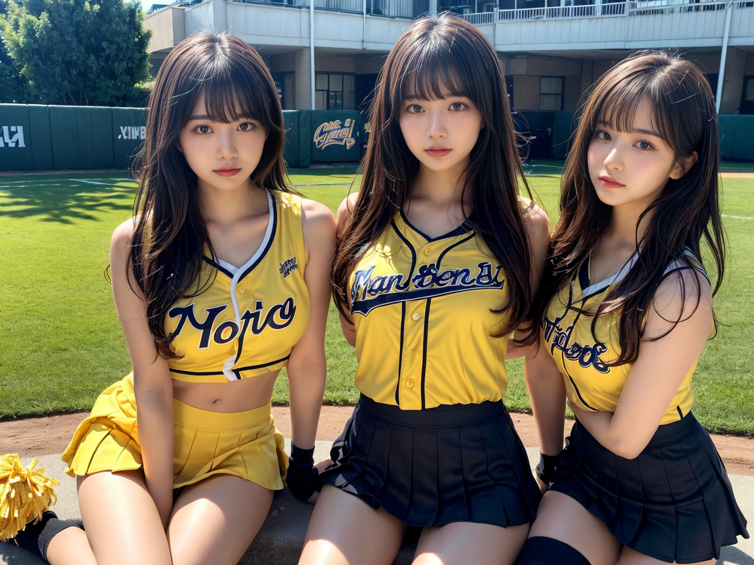 masterpiece, best quality, illustration, Super detailed, fine details, High resolution, 8K,wall paper, perfect dynamic composition,(Details High quality, realistic depiction of eyes:1.3), (3 girls), BREAK (cheerleader uniform with yellow as basic color:1.3), (holding a yellow pompoms in hand:1.4), (sleeveless yellow tunic with baseball team logo:1.4), yellow tops, (bold V-neck:1.3), ((Blue lines, black lines) on tops:1.3), ((fit and flare, A-line):1.3), (A-line yellow rah-rah skirt:1.3), mini skirt, (black socks:1.3), (sports shoes:1.2), sitting, open legs, short bob hair, in a hotel room in the background, deep on field, large breasts, black hair color, Big Natural Color Lip, (perfect body shape), crying a little、Harajuku style、20 year old girl、cute type、beautiful legs, Gravure Idol