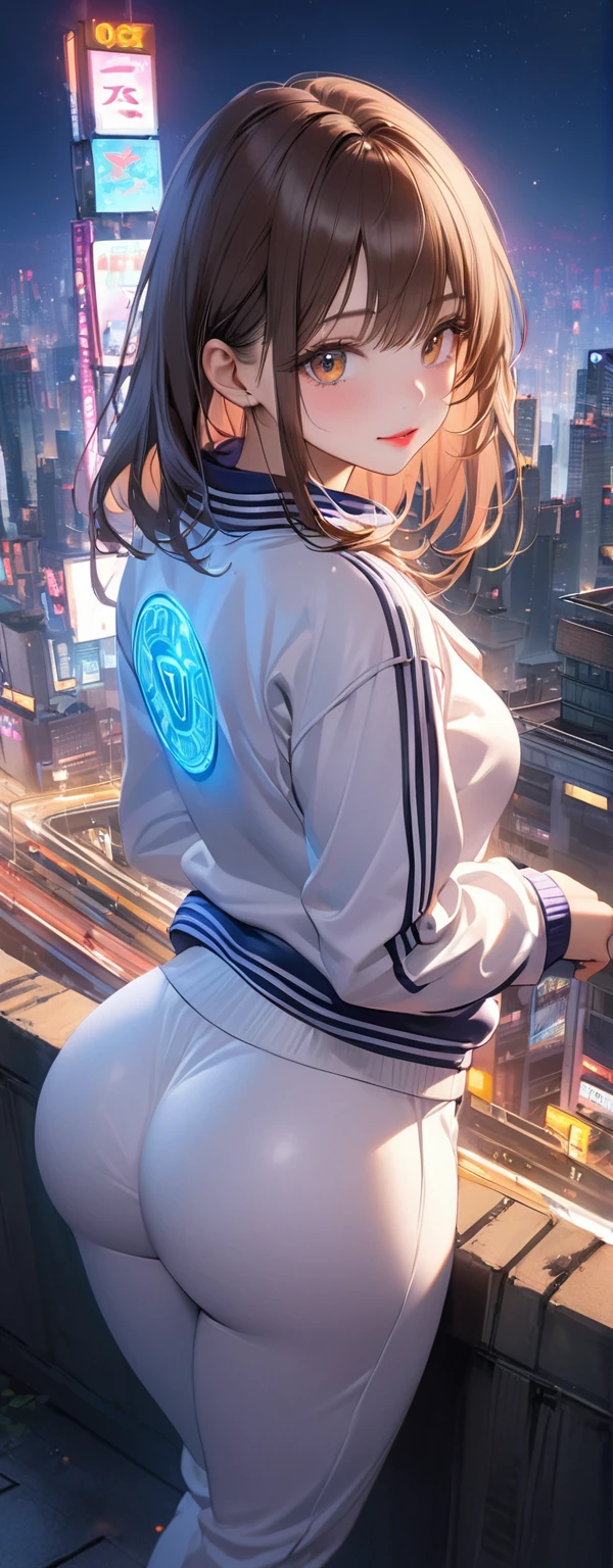 Straight Hair、Brown Hair,((White Track Jacket＆White sweatpants)), Looks about 17 years old, (beautiful girl: 1.3),1girl,Highest quality,8k,Highly detailed CG unit wallpaper,masterpiece:1.2,Highest quality,Ultra-high resolution,RAW Photos,Realistic textured skin,Cinema Lighting,great Joy,Big eyes,Detailed eyes,Glossy lipstick,Perfect Makeup,Ultra-high definition beauty face,Huge building,Metropolis,voluptuous,(((Big, round and beautifully shaped butt))),(Standing on the rooftop of a skyscraper in Cyber City),(Panoramic View),night,Detailed neon lights,sequin,((Butt pose)),from behind,Gazing-into-the-Distance,(White Track Jacketが引き裂かれる:1.5),Ancient runes