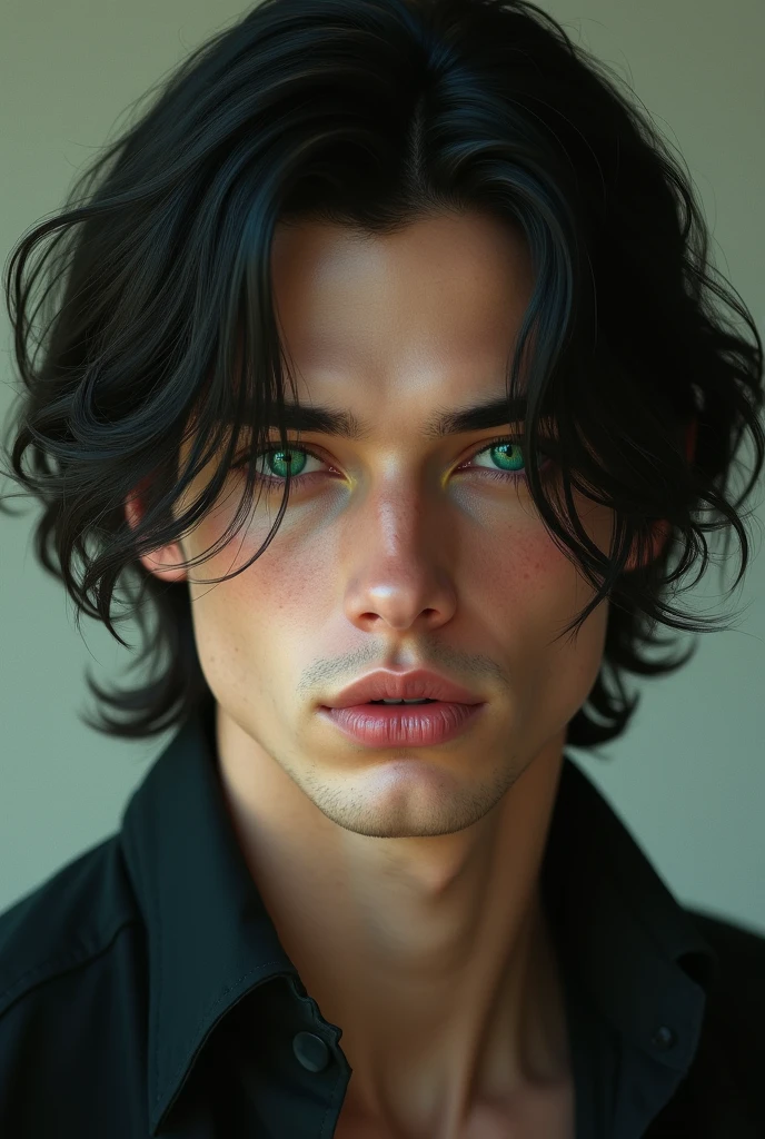 Bautiful men hair black , eyes green , white skin
