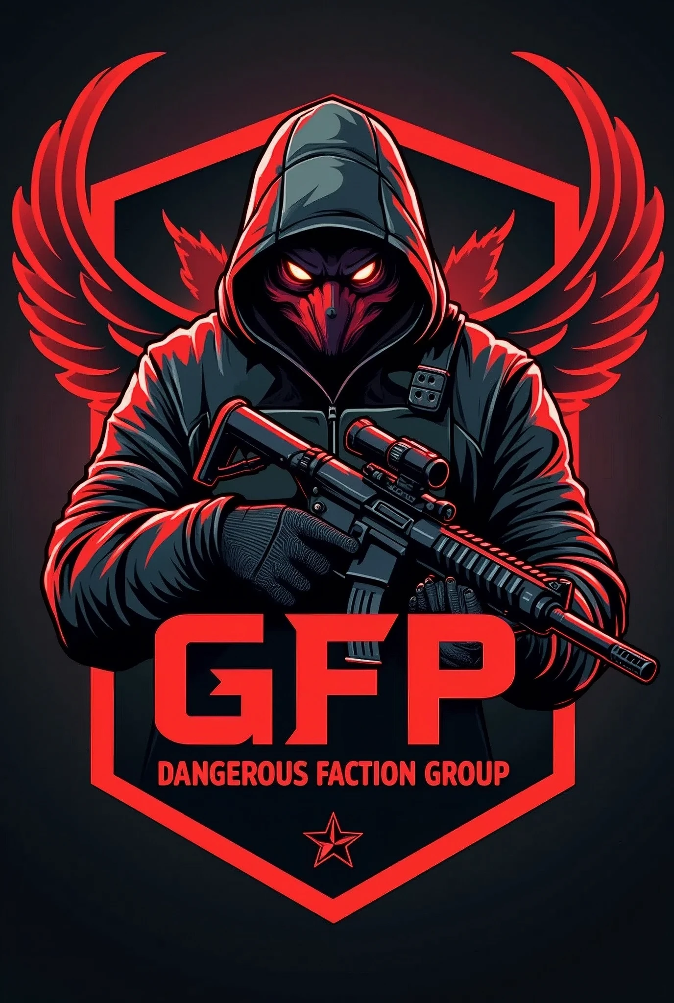 A logo for a shooting game team. The name of the group GFP DANGEROUS FACTION GROUP 