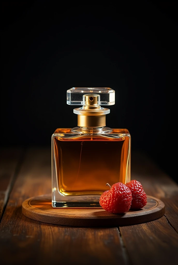 Create a picture of the highest quality perfume. It consists of vanilla, Plate, dried fruits and musk. The picture is dark and conveys wealth