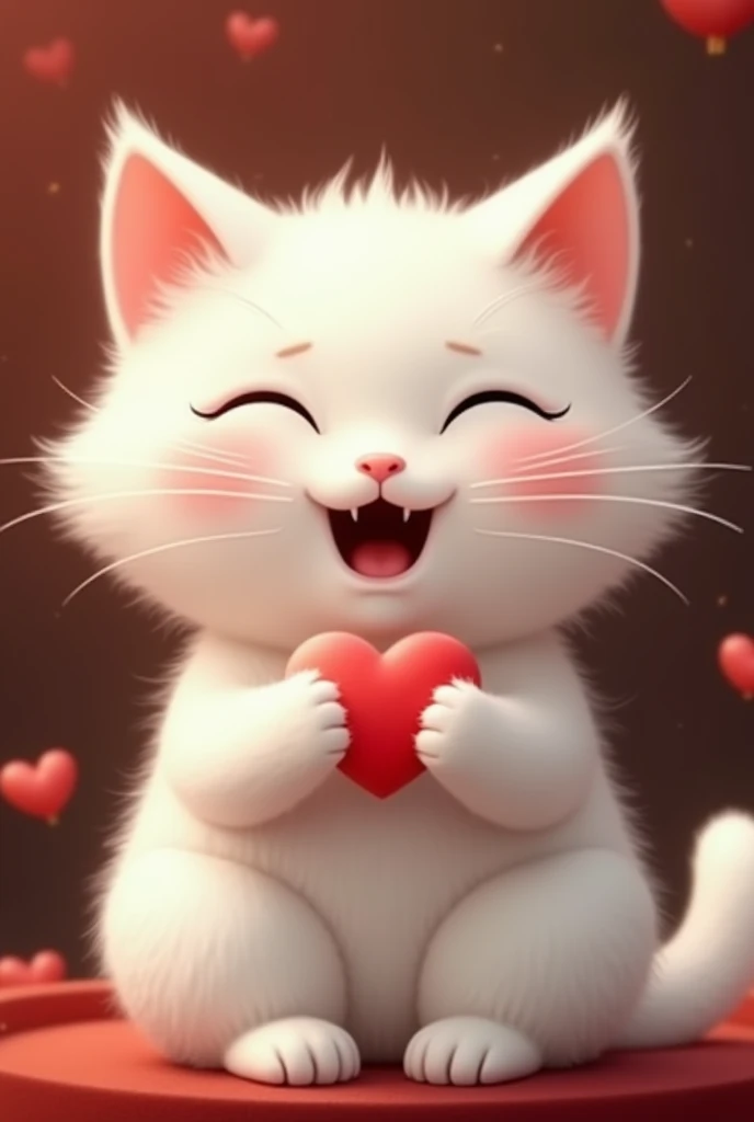 A white cat who loves to show off her presence,anxious face,Hold the phone and press the heart button,background chinese style