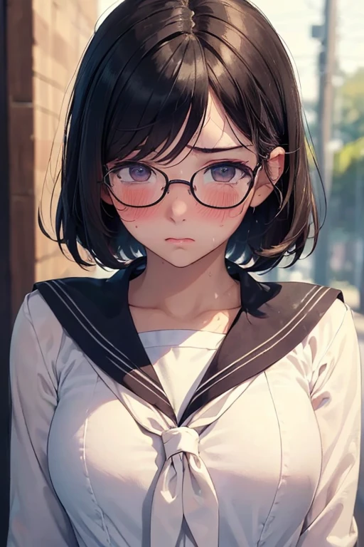 (masterpiece:1.2) , (best quality:1.2), (ultra-detailed:1.2),１girl,(embarrassed:1.4),(detailed beautiful face and eyes:1.2), (sweat),(upturned eyes:1.5),(upper body shot),(sailor suit:1.2),(glasses), black hair, (short hair:1.1), (blush)