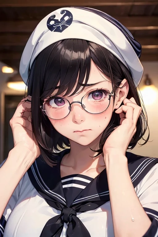 (masterpiece:1.2) , (best quality:1.2), (ultra-detailed:1.2),1girl,(embarrassed:1.4),(detailed beautiful face and eyes:1.2), (sweat),(upturned eyes:1.5),(upper body shot),(sailor suit:1.2),(glasses), black hair, (short hair:1.1), (blush)