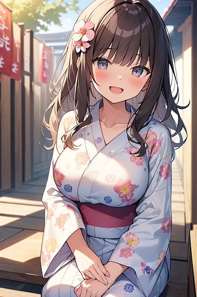 (Masterpiece, Top quality:1.5), (from front:1.2), 1 beautiful girl, solo, sitting, Blonde, medium Hair, wavy Hair, asymmetry bangs, swept bangs, airy hair, large breasts:1.4, 16 year old, (flower printed yukata :1.3), smile:1.3, blush, beautiful scene of narrow Alley, blurry background, magnificent panorama view, blurry background, open mouth