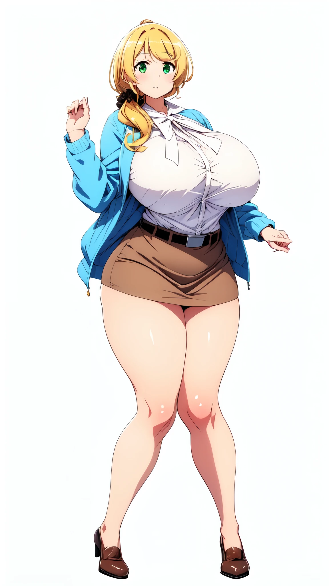 One girl, simple white background, (teacher:1.4),
Ellen_baker, long legs, Green Eyes, Blonde, Long Hair, Hair Scrunchie, Jacket, White shirt, Skirt best quality, , masterpiece, High resolution, ((huge breasts, bursting breasts, spilling out)), Shiny, oily skin, Mature mother, Calf, Seductive mature woman, Perfect body, (thin:1.4), narrow waist, Plus Size Model, (Thick thighs, Voluptuous thighs), bare legs,