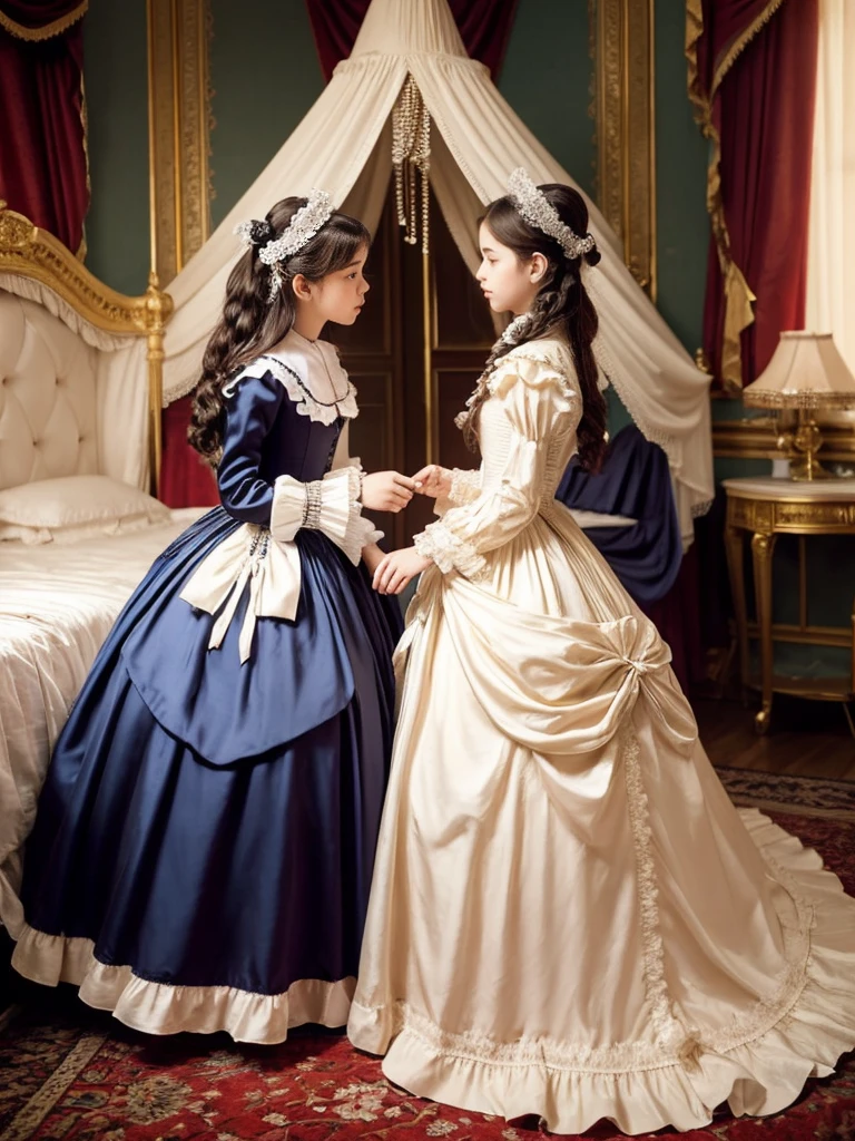 highest quality, masterpiece, highest resolution, artwork, super get used to it, many become familiar with, become familiar with, get used to it, woman, 18 years old,the two girls are princesses,victorian dress,long sleeve,long dress,A dress with lots of frills and ribbons.,luxury,Two kiss,Bedroom,canopy bed in the back,
