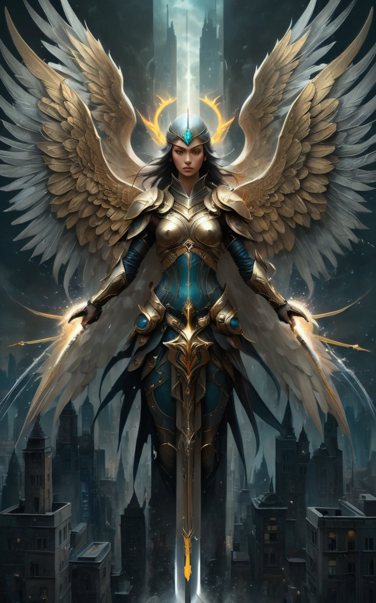 a painting of a woman with wings and a sword in a city, symmetrical epic fantasy art, peter mohrbacher. unreal engine, tomasz alen kopera and cgsociety, stunning cgsociety, inspired by Aleksi Briclot, by Jeremy Chong, cgsociety contest winner, fantasy art behance, artgerm julie bell beeple