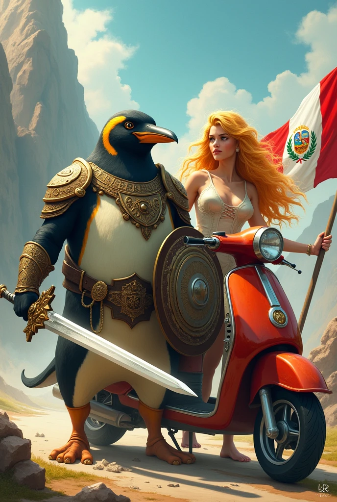 Penguin and golden star woman, with his sword and shield and his scooter with the Peruvian flag in the background
