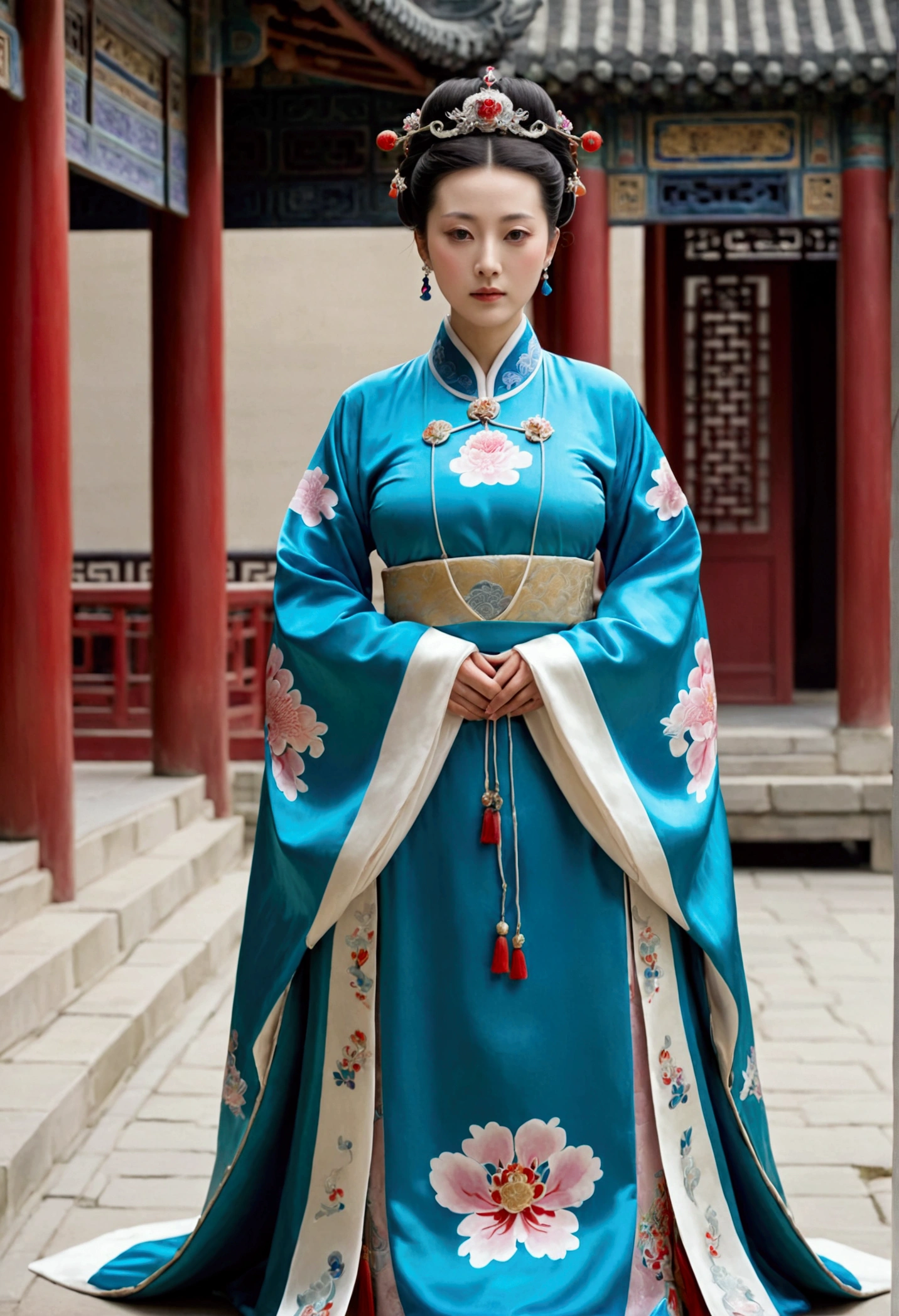A woman seen from the front, standing full-body, facing forward, wearing a crown and floral hairpin of a Qing dynasty empress in the Chinese imperial court of the Qing dynasty, showing her chest, lower abdomen, thighs and feet。She is wearing no underwear, and her large breasts are exposed, right down to her bare stomach. Her body is tied up and pulled up, and the background is the stone pavement of the Chinese palace during the Qing dynasty.