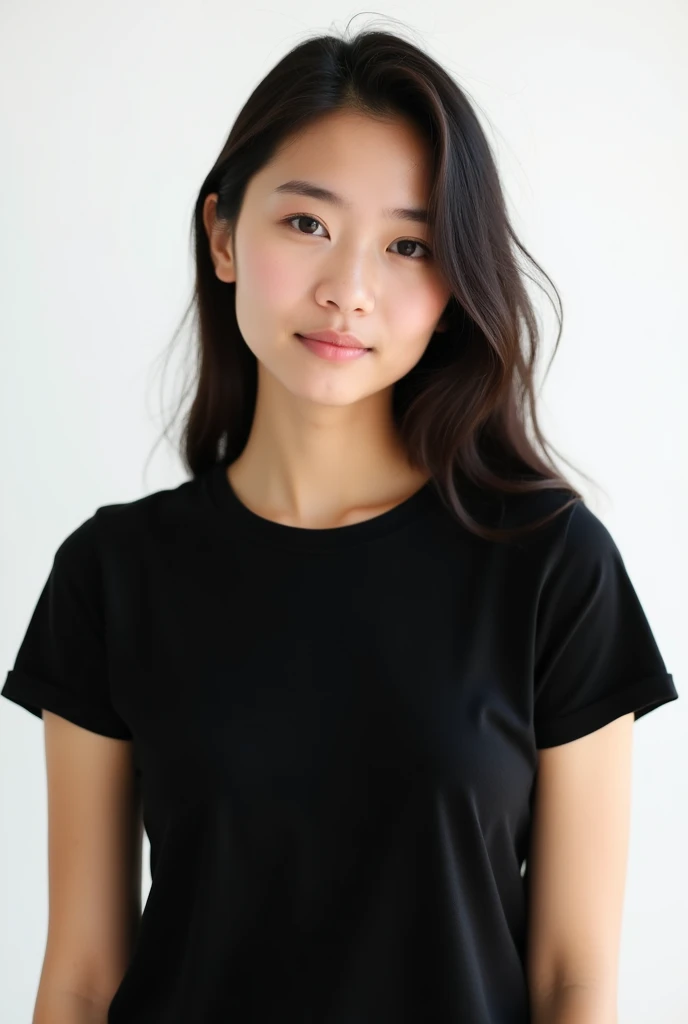 Young woman in plain black t-shirt, on a white background 