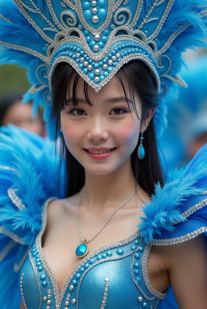 (masterpiece,best quality:1.4),(8k,raw photo,photo realistic:1.2),(shiny skin),detailed skin,detailed face,detailed eyes,Sparkling eyes:1.3,Symmetrical eyes,Detailed Background,detailed hand,1girl,natural make-up,((cute )),(blue Flashy and colorful costumes), natural breasts,young trendy hair, ((Teen average breast)),(((Littba Girl))),((shiny cleavage)), (very beautiful cute), (beautiful asian),, girl cute-fine-face,,Cute smile, (super detailed Samba Costume Fancy design,trend),nsfw,sexy Instagram style,,face of the Golden Ratio,Samba Carnival in Japan,(((Japanese teenagers))),Great location, cowboy shot.