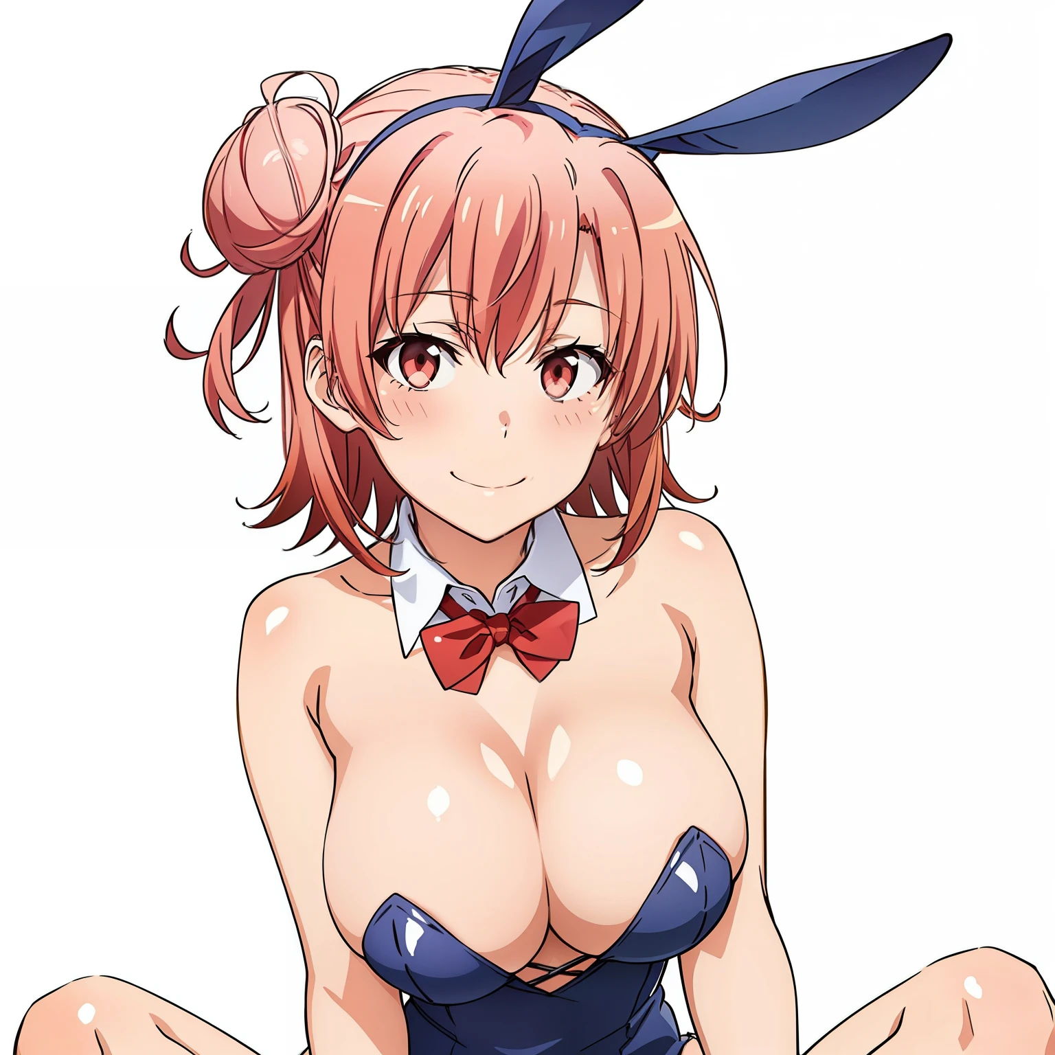 ((masutepiece, Best Quality, hight resolution, nffsw, Perfect Pixel, depth of fields, 4K, )), 1girl in, Solo, , Beautiful anime girl, Beautiful Art Style, Looking at Viewer, Perfect body, Yuigahama Yui, Short hair, single hair bun, pink hair, (large boob), Full face blush, Smile, thighs thighs thighs thighs, navy playboy bunny, red bowtie, white background, sitting on floor, portrait shot, Focus,