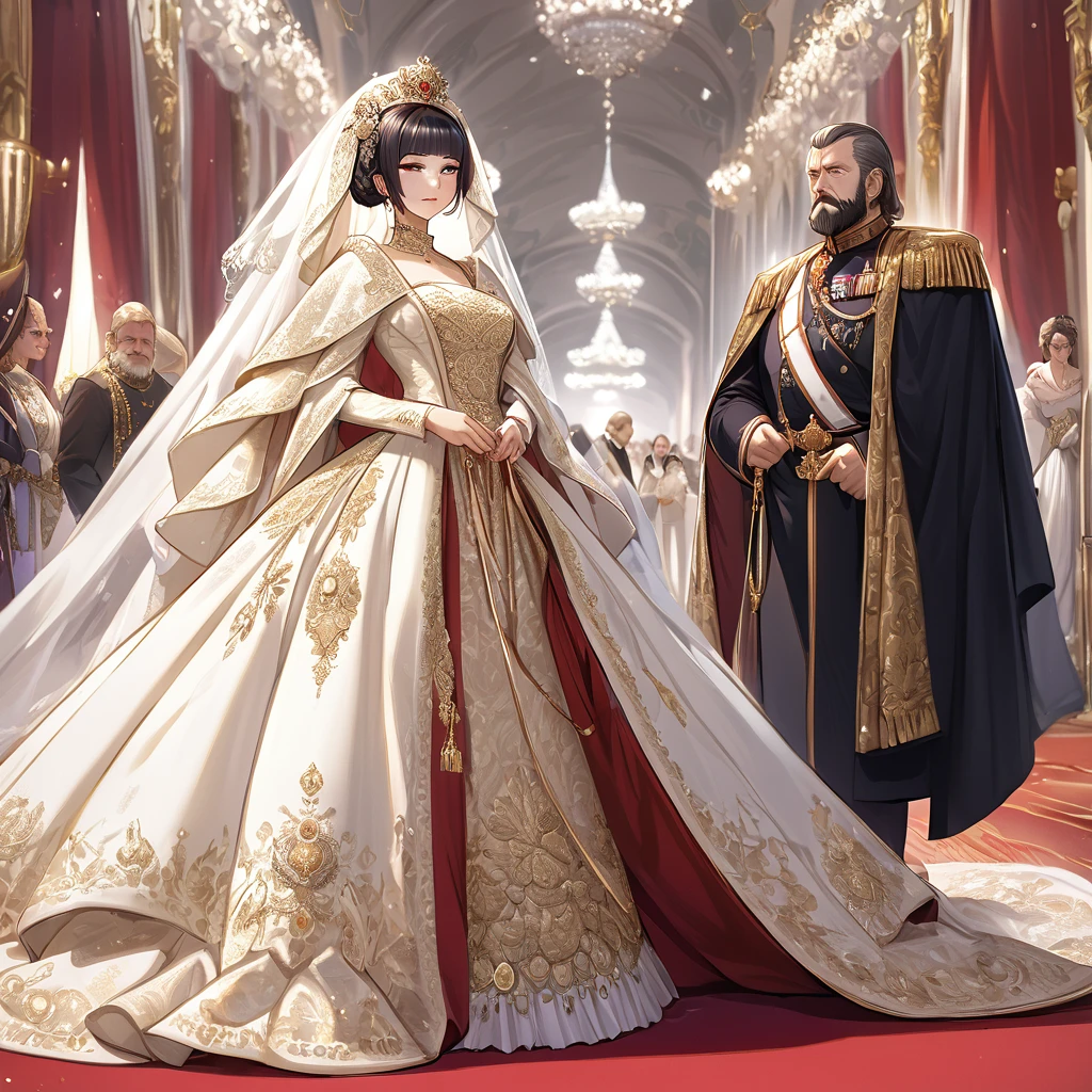 ((Highest quality)), ((masterpiece)), (detailed), （Perfect Face）、The woman is Shinobu Kocho, a Russian with black hair with purple gradient ends, tied in a bob hairstyle, an elegant, graceful and beautiful Russian noblewoman, and the Empress of the Great Russian Empire.、The woman is beautifully dressed in a gorgeous, glittering gold wedding dress and wedding veil of the ancient Russian court dress worn by an ancient Russian empress, as well as luxurious accessories and a kokoshnik.、The woman is standing next to a great, dignified, bearded old Russian emperor at a grand wedding.、The woman is married to the great Russian emperor, walking side by side down the red carpet aisle at a lavish palace.、The woman is close to the great old Russian Tsar and is deeply in love with the elderly Tsar and his young and beautiful Empress.