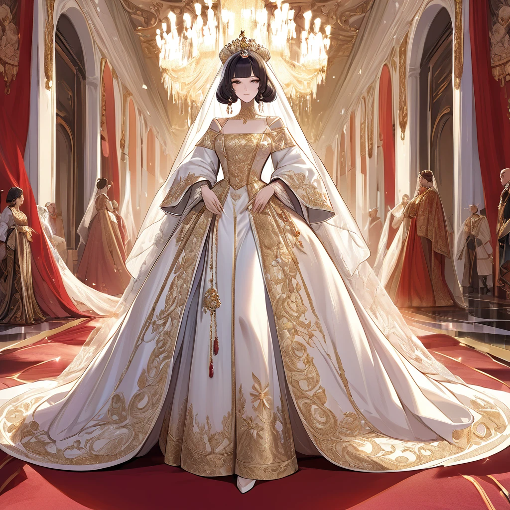 ((Highest quality)), ((masterpiece)), (detailed), （Perfect Face）、The woman is Shinobu Kocho, a Russian with black hair with purple gradient ends, tied in a bob hairstyle, an elegant, graceful and beautiful Russian noblewoman, and the Empress of the Great Russian Empire.、The woman is beautifully dressed in a gorgeous, glittering gold wedding dress and wedding veil of the ancient Russian court dress worn by an ancient Russian empress, as well as luxurious accessories and a kokoshnik.、The woman is standing next to a great, dignified, bearded old Russian emperor at a grand wedding.、The woman is married to the great Russian emperor, walking side by side down the red carpet aisle at a lavish palace.、The woman is close to the great old Russian Tsar and is deeply in love with the elderly Tsar and his young and beautiful Empress.