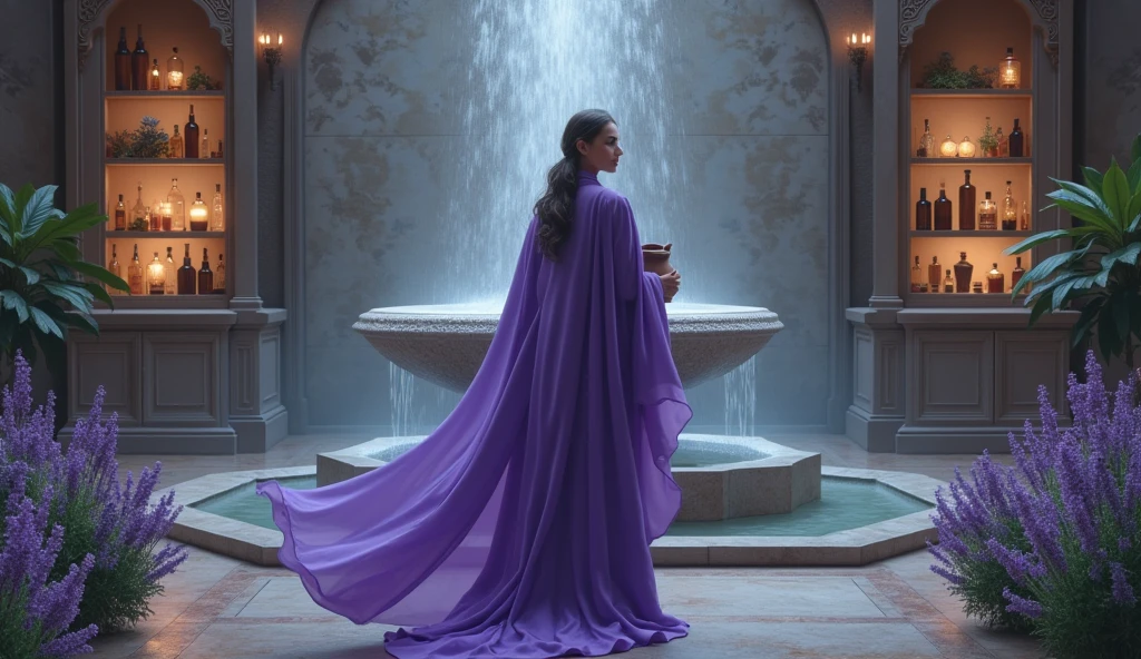 woman in violet priestess cape holding water jug, convey depth, in the background a cupboard with various aromatic herbs, essential oils, Lavender, a very large fountain with water behind it