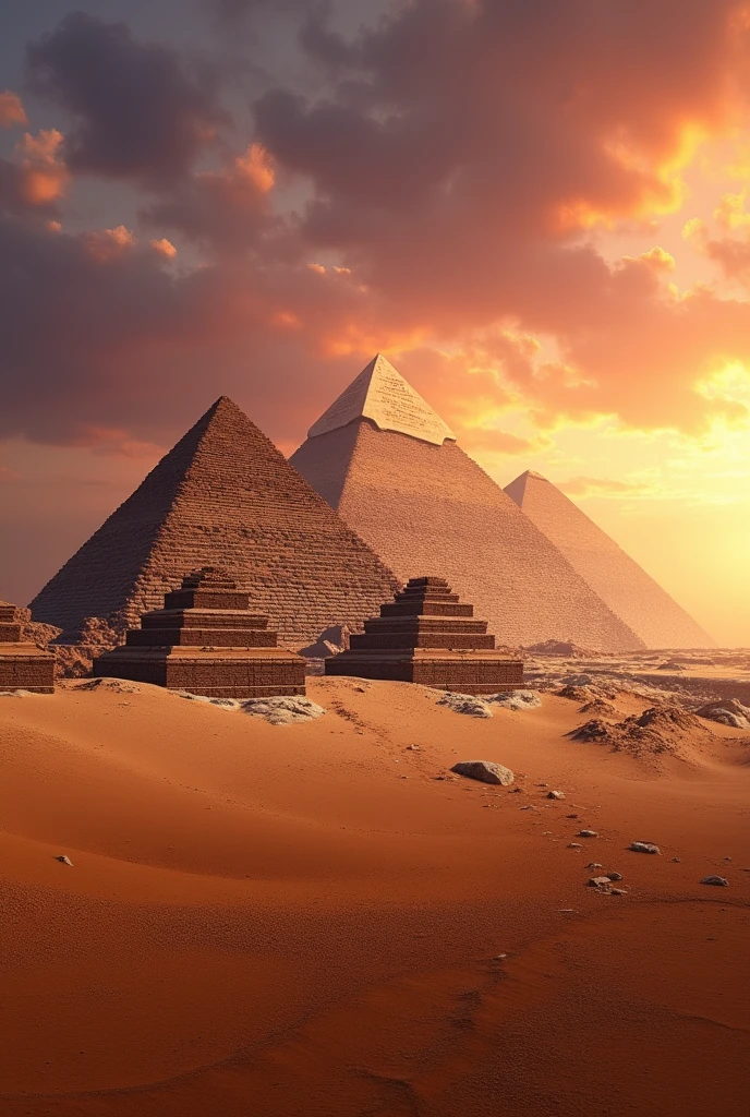 A panoramic view of the pyramids of Giza at sunset.
