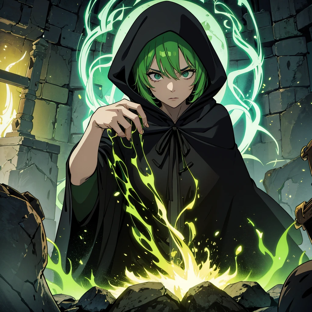 A green-haired necromancer wearing a black hooded cloak and sacrificing giants in a black magic ritual