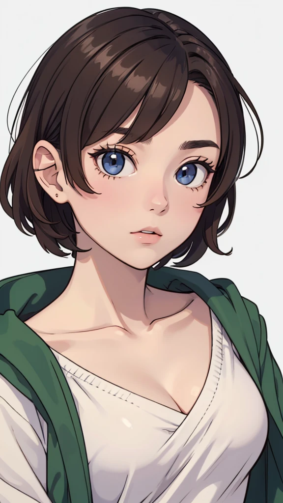 (((masterpiece, best quality, ultra highres, 1 girl, solo, no background))), super detailed skin and face and eyes and finger, beautiful japanese woman, small breasts:1.5, skinny, light brown hair, white background, very short pixie hair, knee shot, Generate with illustrations, Various expressions, Various poses, The background should be simple, with the character positioned centrally, outline, anime, 2d, boyish, Cover yourself with a towel, expressionless,