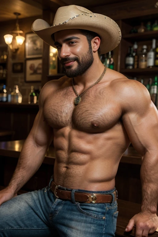 (((HdR))) ((( toma de espaldas, ))) handsome Lebanese man burly bodybuilder close up in tight studded jeans, strong muscular legs , with a green plaid shirt and cowboy hat, Ultra realistic masterpiece high detail 8k large belt buckle , Profile con joyería de oro y brazaletes fondo de estudio con bigote , smiling chain necklace chubby, Bear, (Profile), (25 years ) perfect eyes and hands ((( perfect face))) hairy chest, in the bar