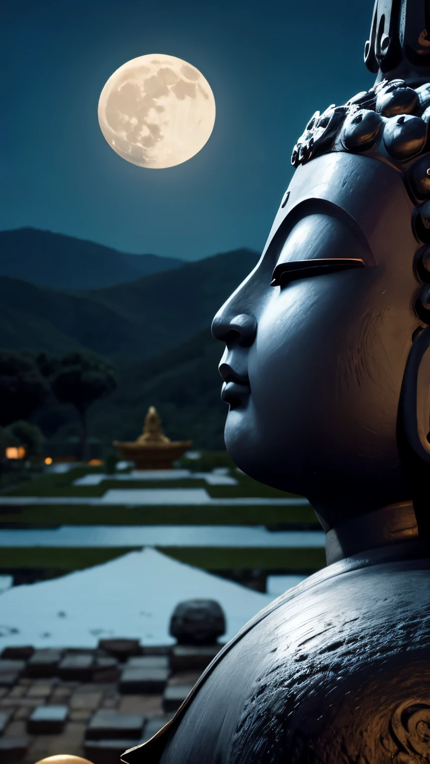 Buddha seen from the side with a full moon