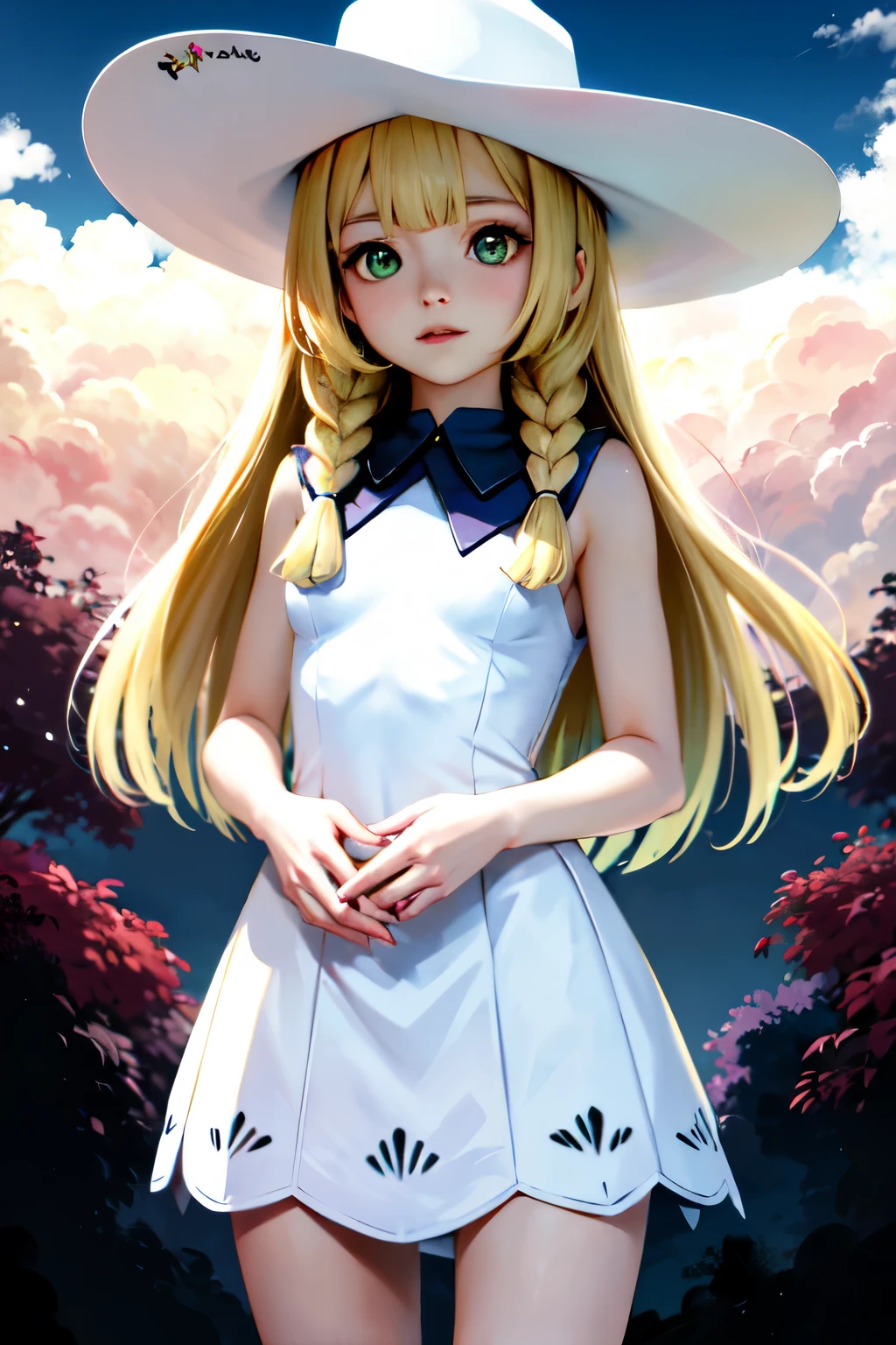 lily pokemon, lily pokemon, by rubio, blunt bangs, (green eyes:1.5), by the wide, (small breasts:1.2),
BREAK braid, collared dress, dress, has, sleeveless, sleeveless dress, sun has, sundress, twin braids, white dress, white hats,
REST looking at the viewer, Upper part of the body, Whole body, (cowboy shot:1.5),
rest outdoors, nature, sky,
BREAK (masterpiece:1.2), Best Quality, High resolution, unity wallpaper 8k, (illustration:0.8), (beautiful detailed eyes:1.6), extremely detailed face, perfect lighting, Extremely detailed CG, (perfect hands, perfect anatomy),