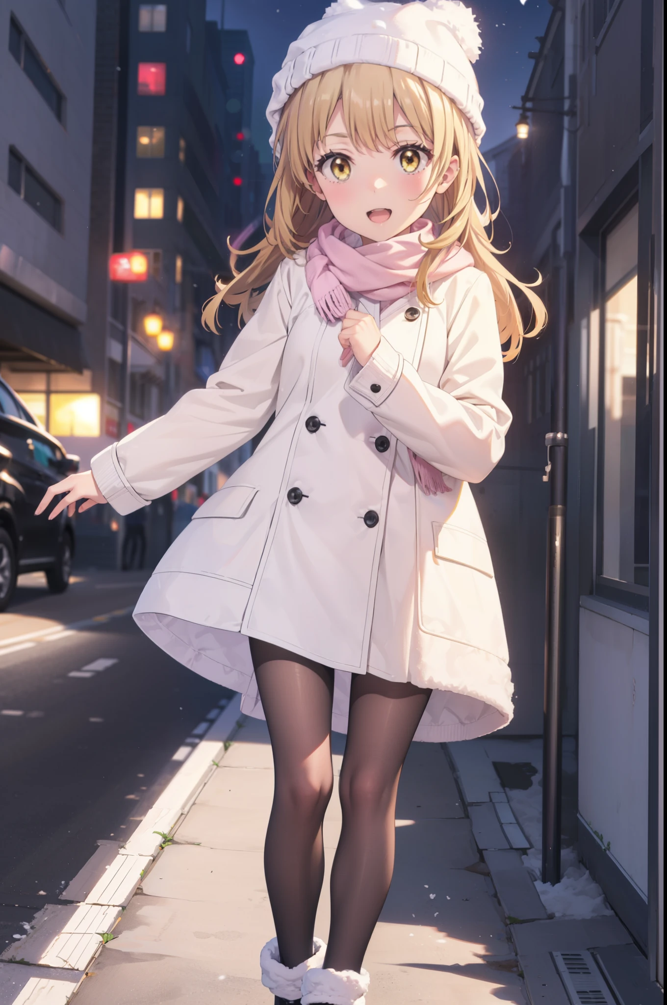 Irohaisshiki, isshiki iroha, Long Hair, Brown Hair, (Brown eyes:1.5), smile,Open your mouth,White Breath,low twin tail,Knitted hat,White scarf,Yellow long coat　Open front,Pink v-neck sweater,Short denim,Black pantyhose,short boots,Walking,snowが降っている,snowが積もっている,moon,night,snow,snow,snow,snow,whole bodyがイラストに入るように,　　　　　　　　　break outdoors, Building district,
break looking at viewer,whole body,
break (masterpiece:1.2), Highest quality, High resolution, unity 8k wallpaper, (figure:0.8), (Beautiful attention to detail:1.6), Highly detailed face, Perfect lighting, Highly detailed CG, (Perfect hands, Perfect Anatomy),