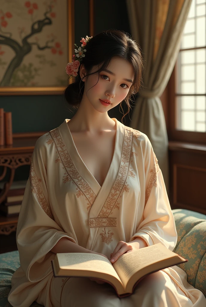 Japanese woman in an elegant home, wearing an embroidered silk nightgown, enjoying a quiet reading time.