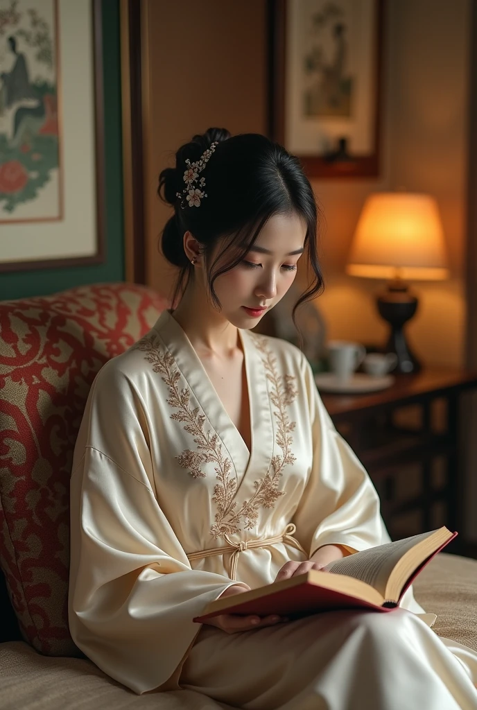 Japanese woman in an elegant home, wearing an embroidered silk nightgown, enjoying a quiet reading time.