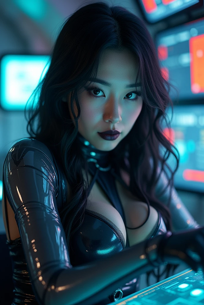 a portrait of a pretty young woman,gundamwingcockpit, futuristic, scifi, plugsuit, transparent latex, goth, dark lips, large breasts, solo, black hair, gloves, dutch angle, smirk, controls, joystick, holographic interface, technology, close up, glowing, neon