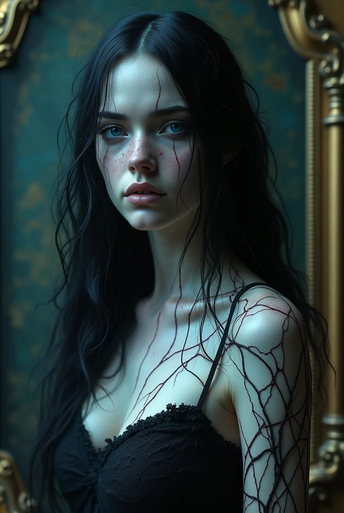 Very pale skinned woman with black and red veins all over her body in a terrifying way, ghostly aspect. sapphire blue eyes and jet black hair. downcast expression while standing in front of a mirror