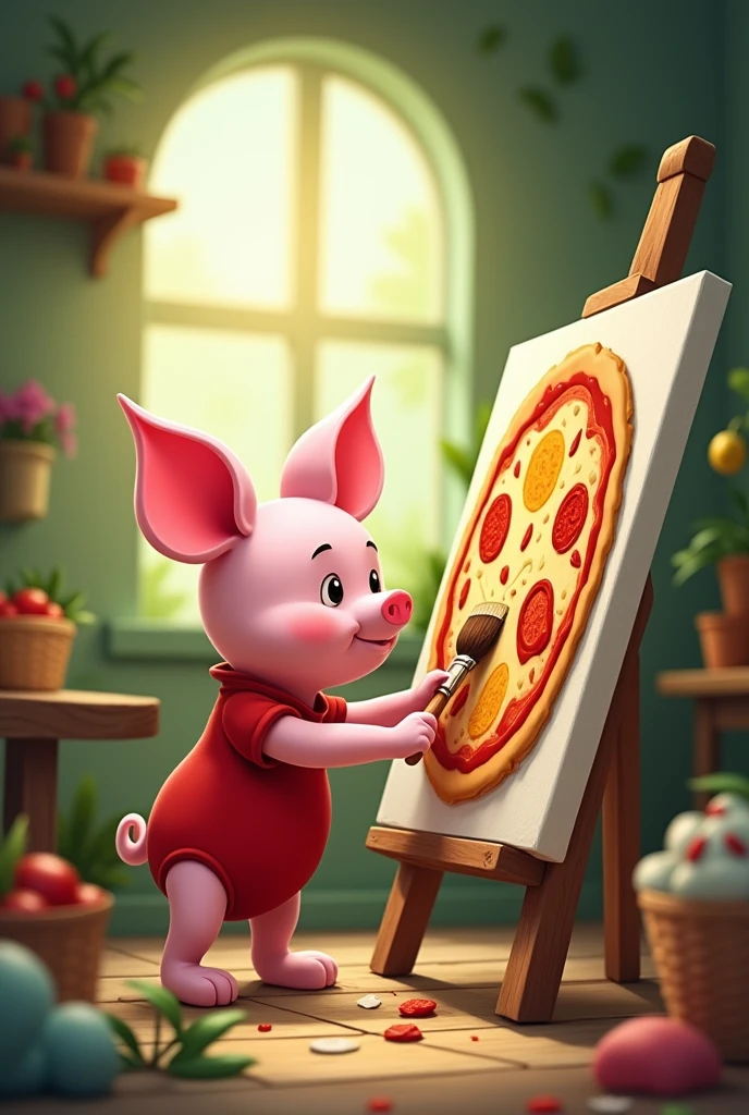 Piglet painting a pizza on a painting