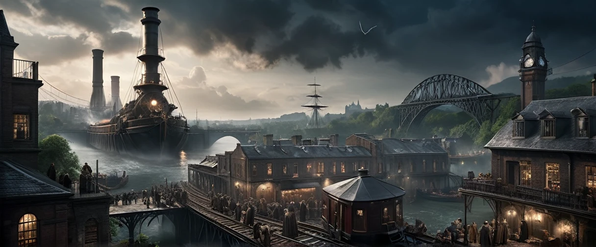 cinematic ground view of eschatological landscape of a victorian edimburg city, harmonious, (bridges:0.4), (waterfalls:1.1), sci fi, (ultra realistic:1.2), (cables), time tower, intricate engineerings, sinuous river, side, (vegetation:0.4), holograms, night, terraces, , happy life,intricate and detailled sailing ship on departure at quay, plenty of small boats on the river, flags, confettis, holy days, festivities, massive crowds, victorian clothes, messy rail trains, train station, drapery on windows, (full of life:1.2), chimneys, smokes, high resolution, city, view from above, from the ledge, slums, hyper detailled view, intricate city, atmospheric lighting, high contrast, dar mood, gigantism, ultra large wide angle, full view, great composition, rules of third, organic city , dramatic sky, storm in background,, shallow depth of field, vignette, highly detailed, high budget, bokeh, cinemascope, moody, epic, gorgeous, grainy, , 8k uhd, dslr, soft lighting, high quality, (film_grain:1.2), cinematic style, Leica M4, 50mm f/1.4 lens, f/2.8, ISO 400, 1/125 sec,
