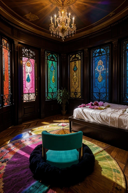 Mansion fantasmagorica extralujosa, penthouse, bedrooms, very beautiful, Beautiful colors, gemstones, artwork, rainbow 