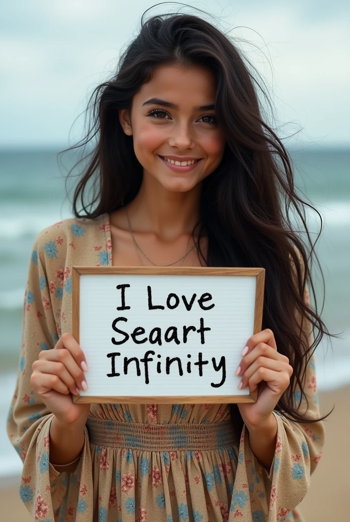 Beautiful girl with wavy long hair, bohemian dress, holding a white board with text "I Love Seaart Infinity" and showing it to the viewer