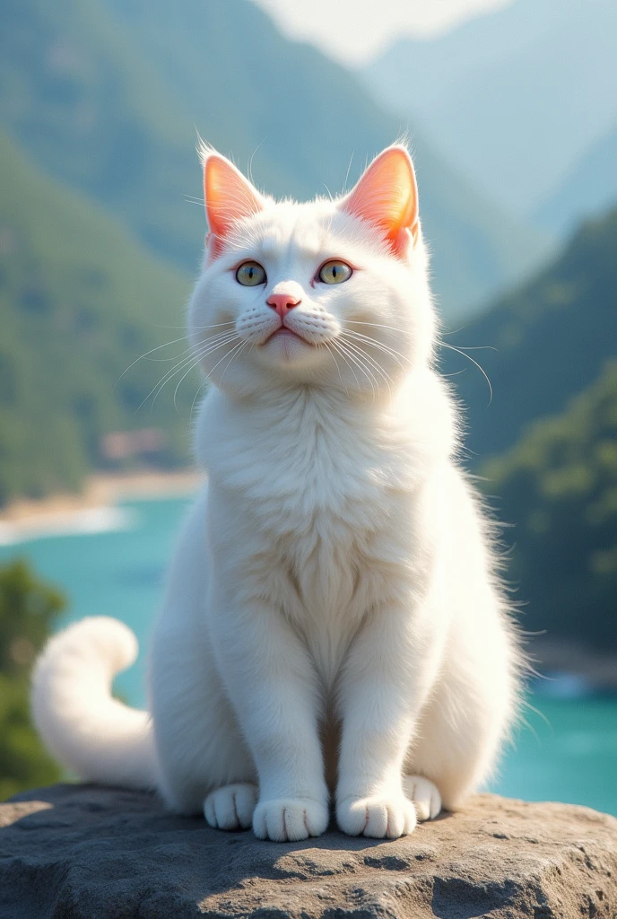 A white cat who loves to show off her presence,拿著Press love on mobile phone,Press love on mobile phone,background chinese style,Mountains and rivers,Flash your phone