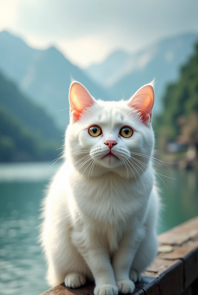 A white cat who loves to show off her presence,拿著Press love on mobile phone,Press love on mobile phone,background chinese style,Mountains and rivers,Flash your phone