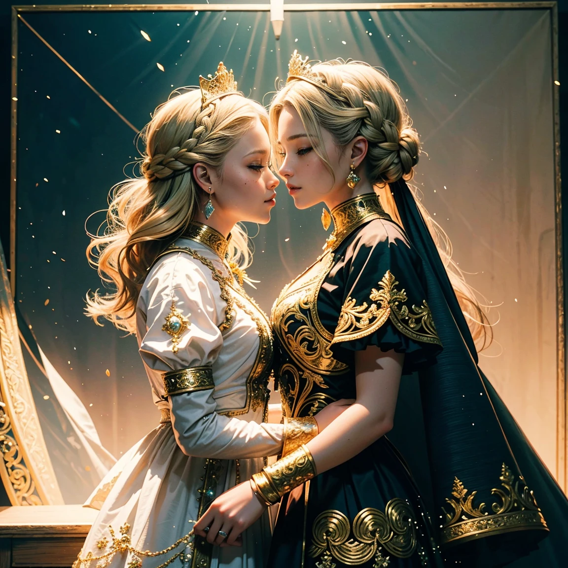 Gorgeous court costumes, blonde hair, french braid, crown, mole under eye, light smile, Renaissance, ray tracing, Sony FE GM, masterpiece, UHD, anatomically correct, textured skin, perfect anatomy, two girls are deeply in love with each other, kiss