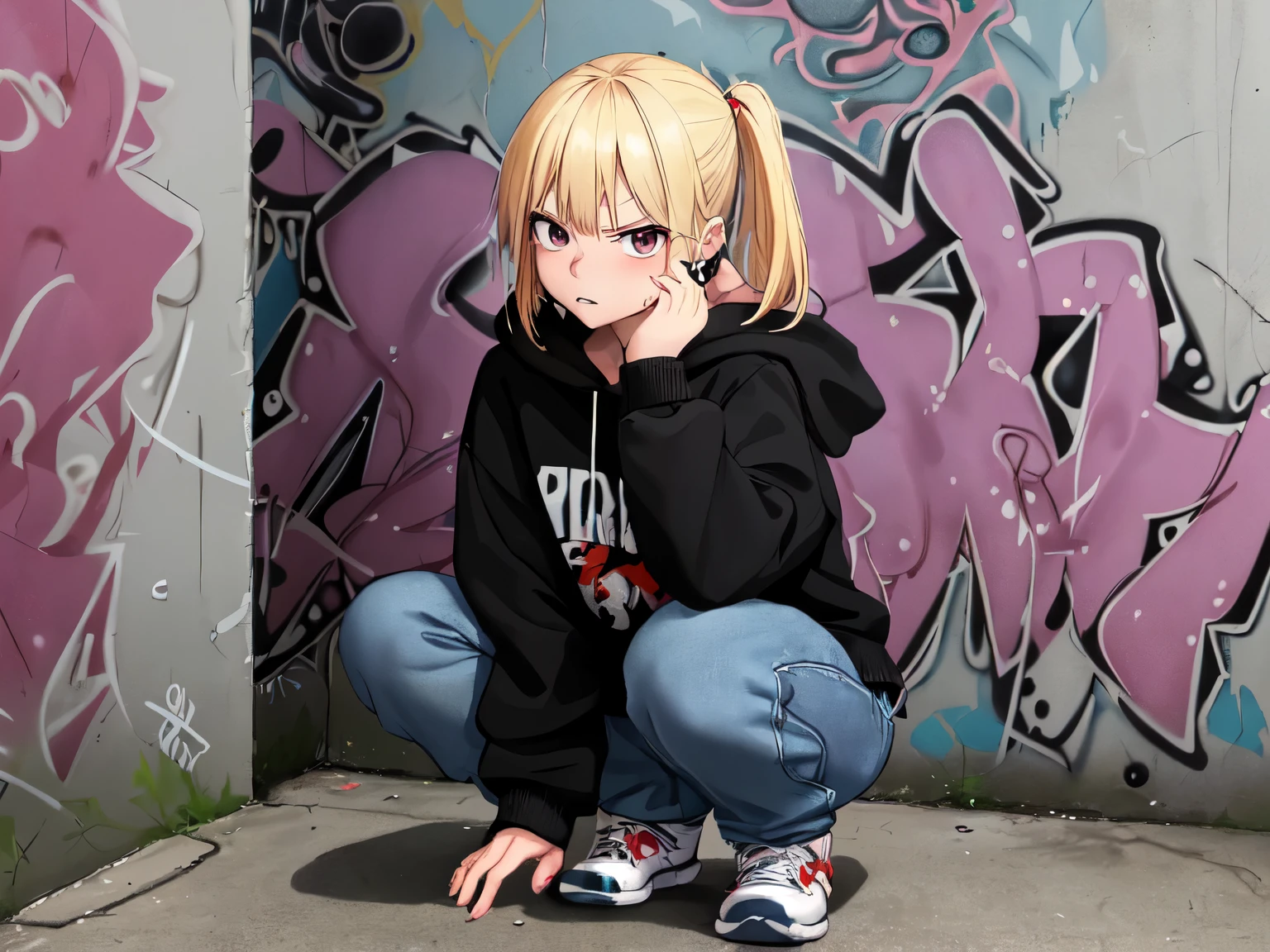 Absurd、高解像度 break クールな悪い女の子 1 人、Asian Squat、Blonde Hair、jeans、Hooded sweatshirt、Earrings、Gazing at the viewer、Focus on the girl、(Glaring at the viewer)、(Nasty humor) break (The background is graffiti street art in an alley:1.2)