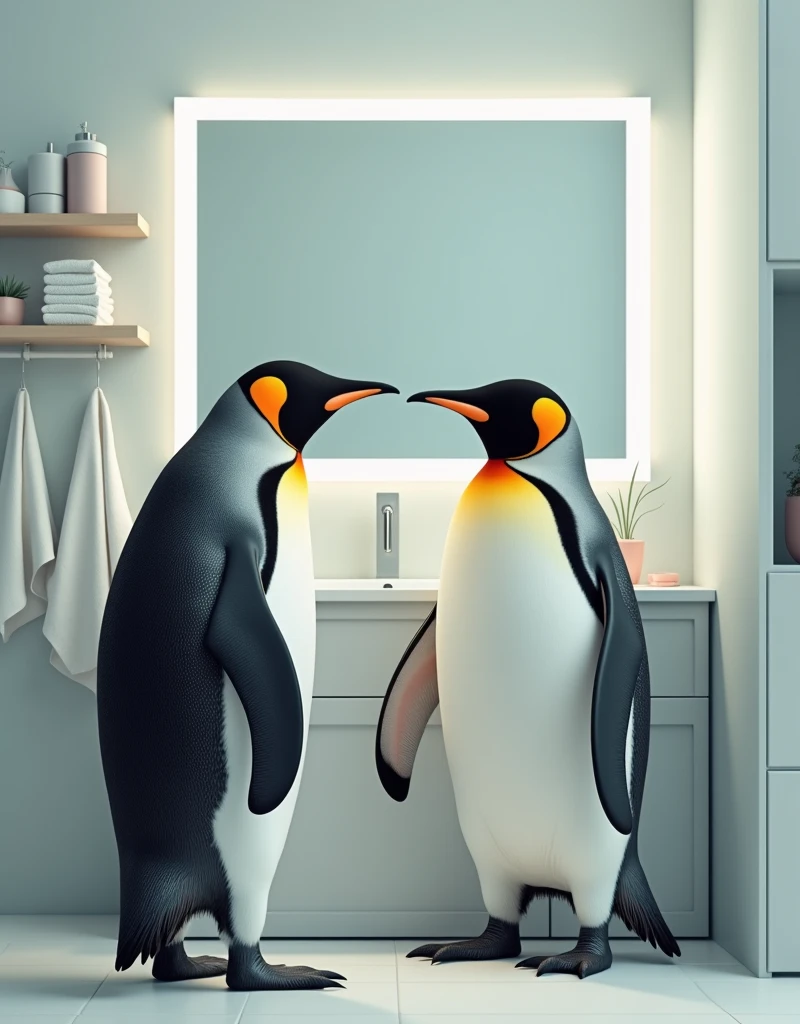 Super realistic photographic image of a penguin standing in a clean, modern bathroom. The human-sized big penguin is looking at his reflection in a large mirror above the vanity. The bathroom is brightly lit and furnished with standard fixtures, including a vanity, a small shelf, and neatly arranged toiletries. The penguin's figure is perfectly clear and sharp, and the precise colors and lighting create a natural, everyday atmosphere. The scene captures the penguin's curiosity and introspection as he gazes upon his reflection. The penguin in the mirror is trying to step out of the mirror a little.